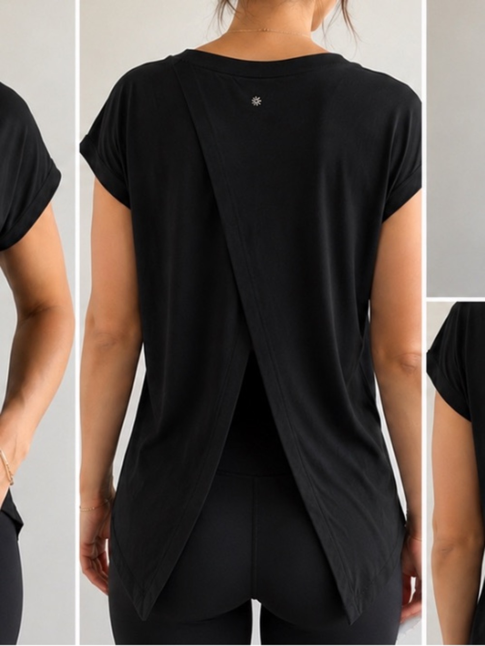 Athleta V-Neck Open Back Split Hem Athleisure Top Black Relaxed Medium Yoga